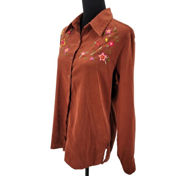 Courtenay Stretch Shirt Women's 6 Embroidered Button Up Faux Suede Brown - Picture 3 of 13